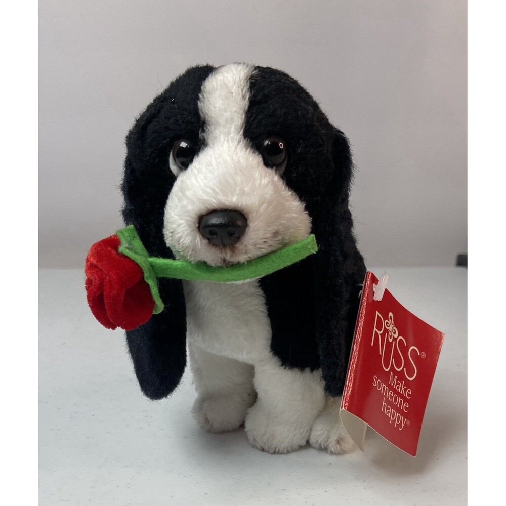 Russ Berrie 6” Black White Puppy Plush w/ Red Rose Small Valentine Gift Toy